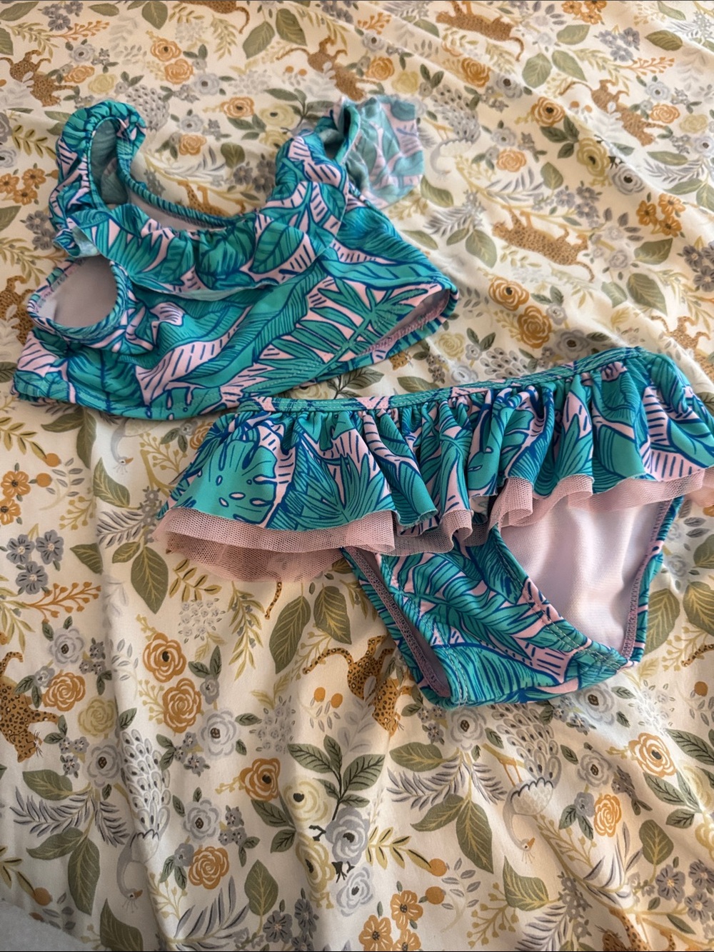 Cat & Jack Teal and Pink Leaf Print Ruffle Two-Piece